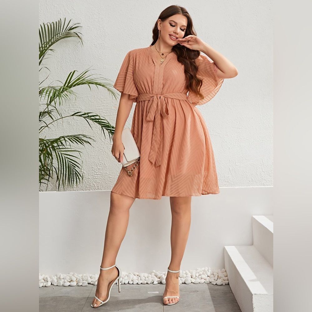 Plus Size Tie Waist Notched Neck Flutter Sleeve Dress Peach​